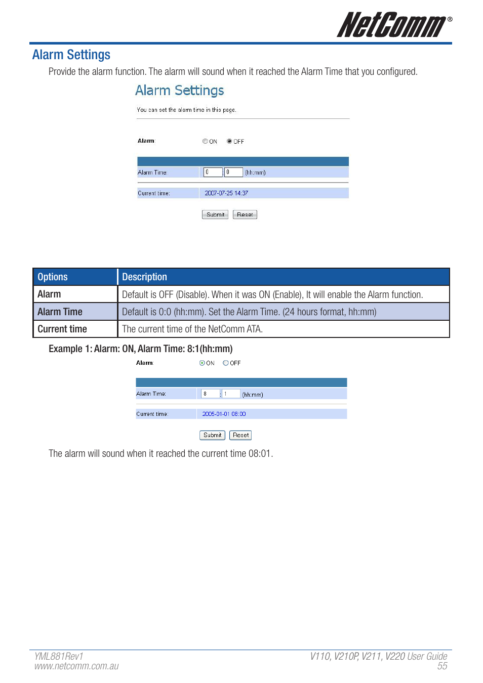 Alarm settings | NetComm V110 User Manual | Page 55 / 68