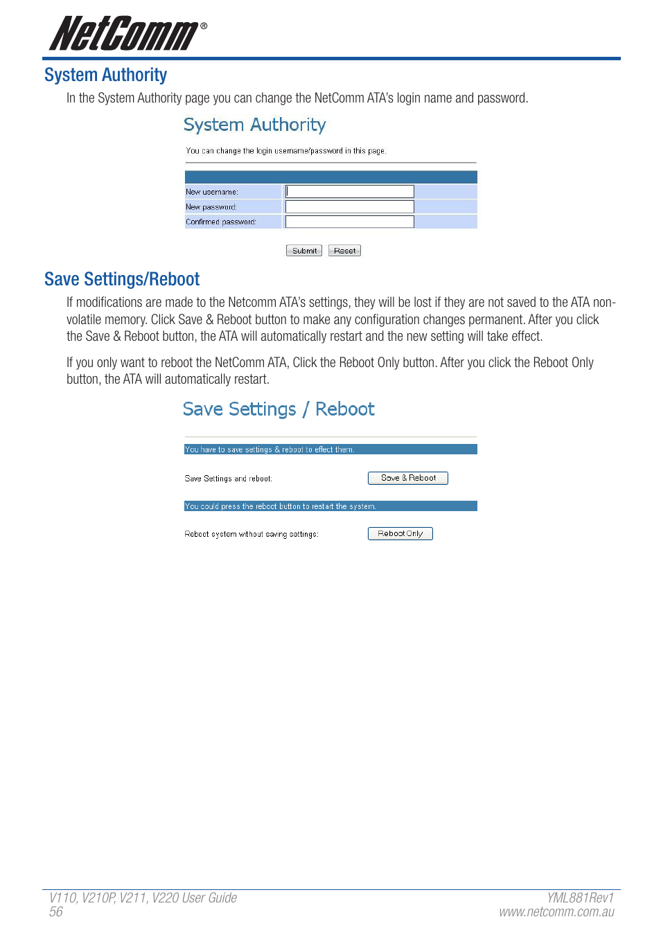 System authority, Save settings/reboot | NetComm V110 User Manual | Page 56 / 68