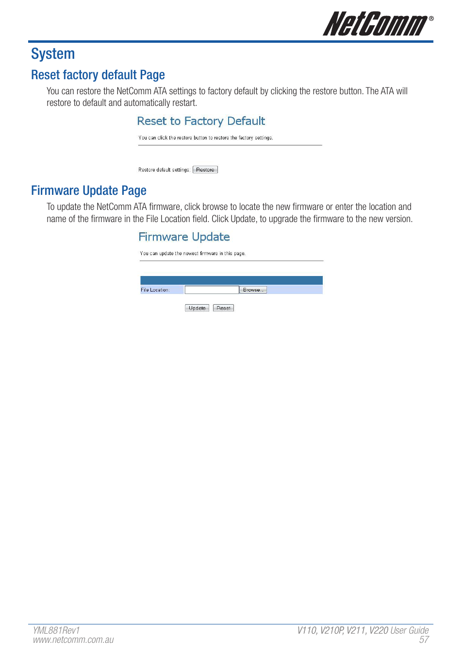 System, Reset factory default page, Firmware update page | NetComm V110 User Manual | Page 57 / 68