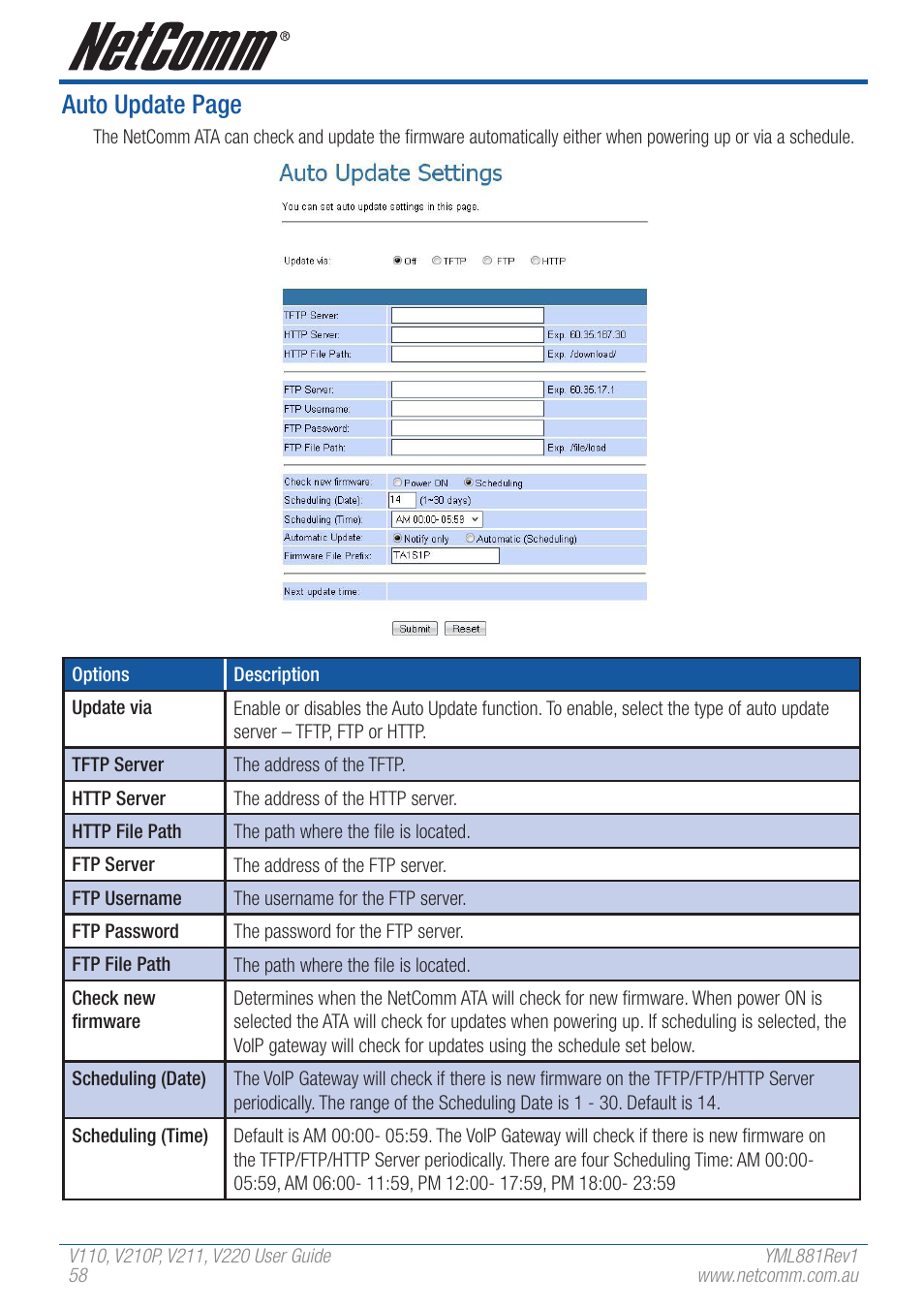 Auto update page | NetComm V110 User Manual | Page 58 / 68