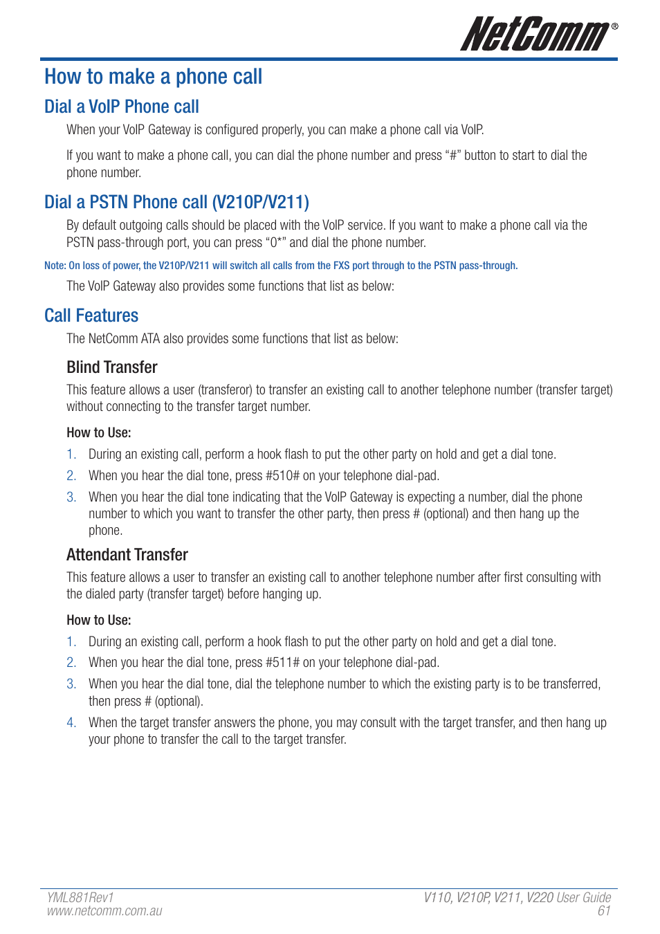 How to make a phone call, Dial a voip phone call, Call features | NetComm V110 User Manual | Page 61 / 68