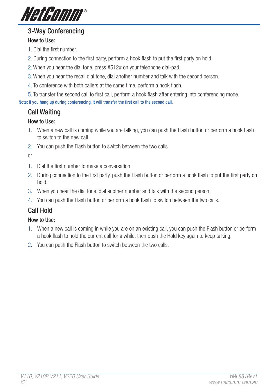 Way conferencing, Call waiting, Call hold | NetComm V110 User Manual | Page 62 / 68