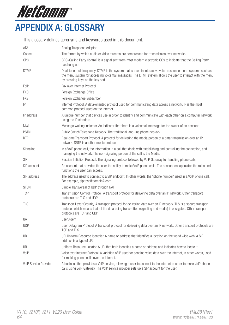 Appendix a: glossary | NetComm V110 User Manual | Page 64 / 68