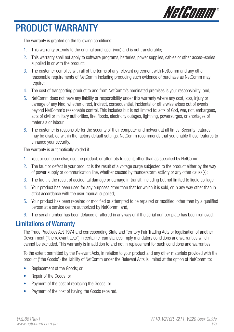 Product warranty, Limitations of warranty | NetComm V110 User Manual | Page 65 / 68