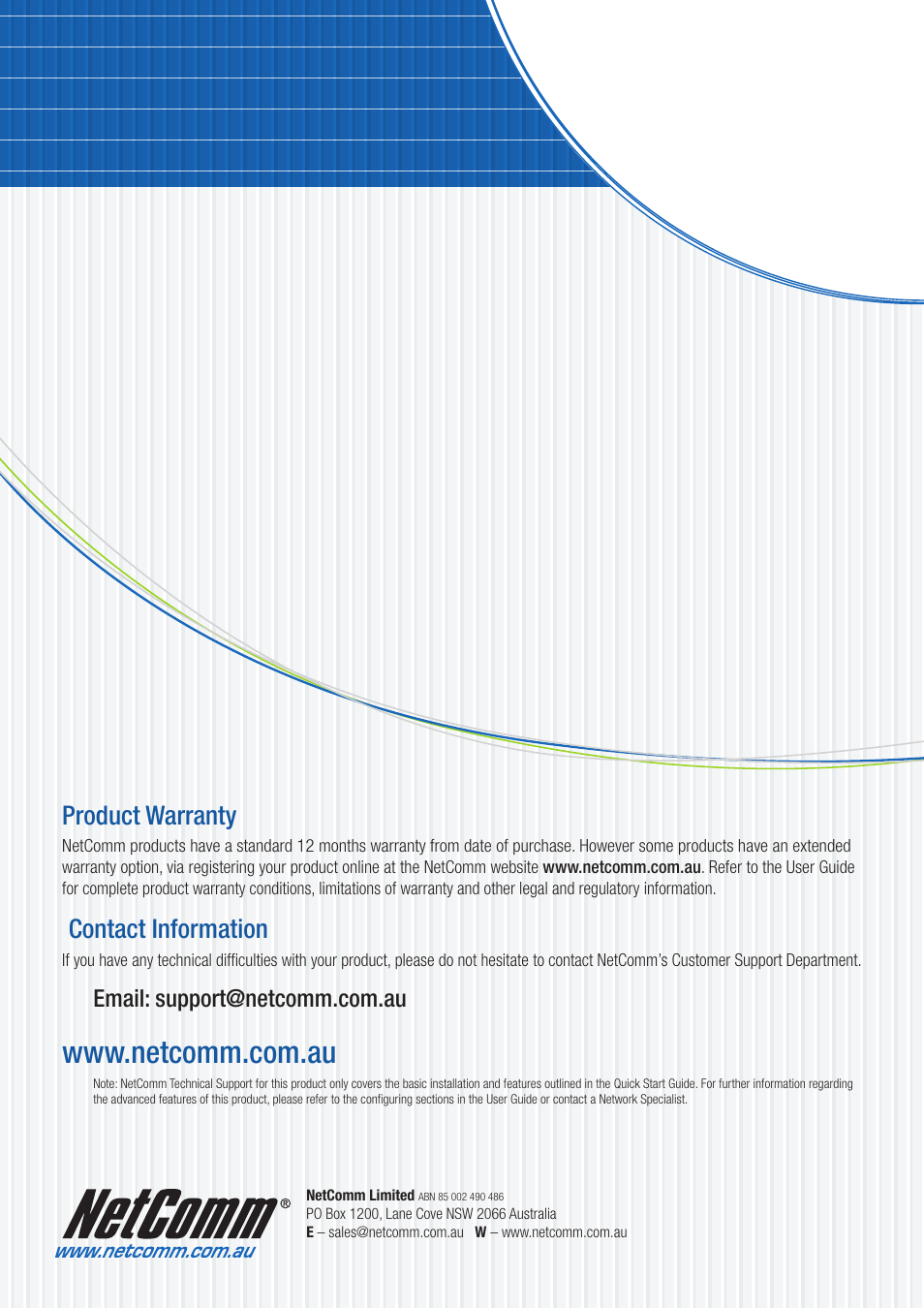 Product warranty, Contact information | NetComm V110 User Manual | Page 68 / 68