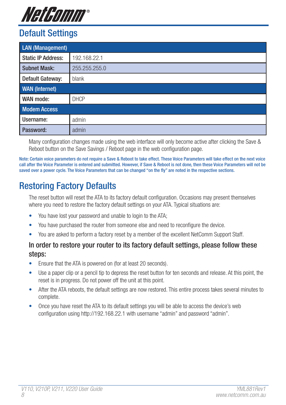 Default settings, Restoring factory defaults | NetComm V110 User Manual | Page 8 / 68