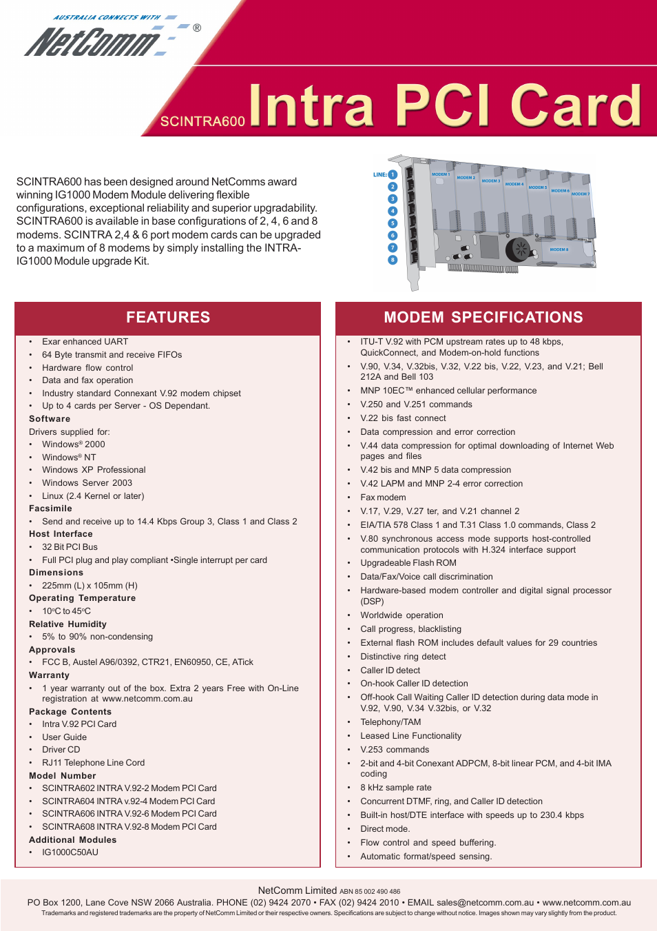 Modem specifications, Features | NetComm SCINTRA600 User Manual | Page 2 / 2