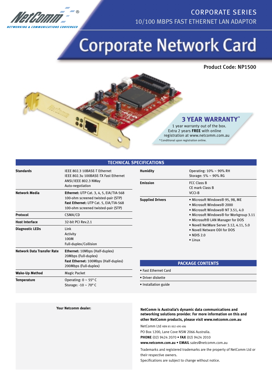 3 year warranty, Product code: np1500 | NetComm NP1500 User Manual | Page 2 / 2