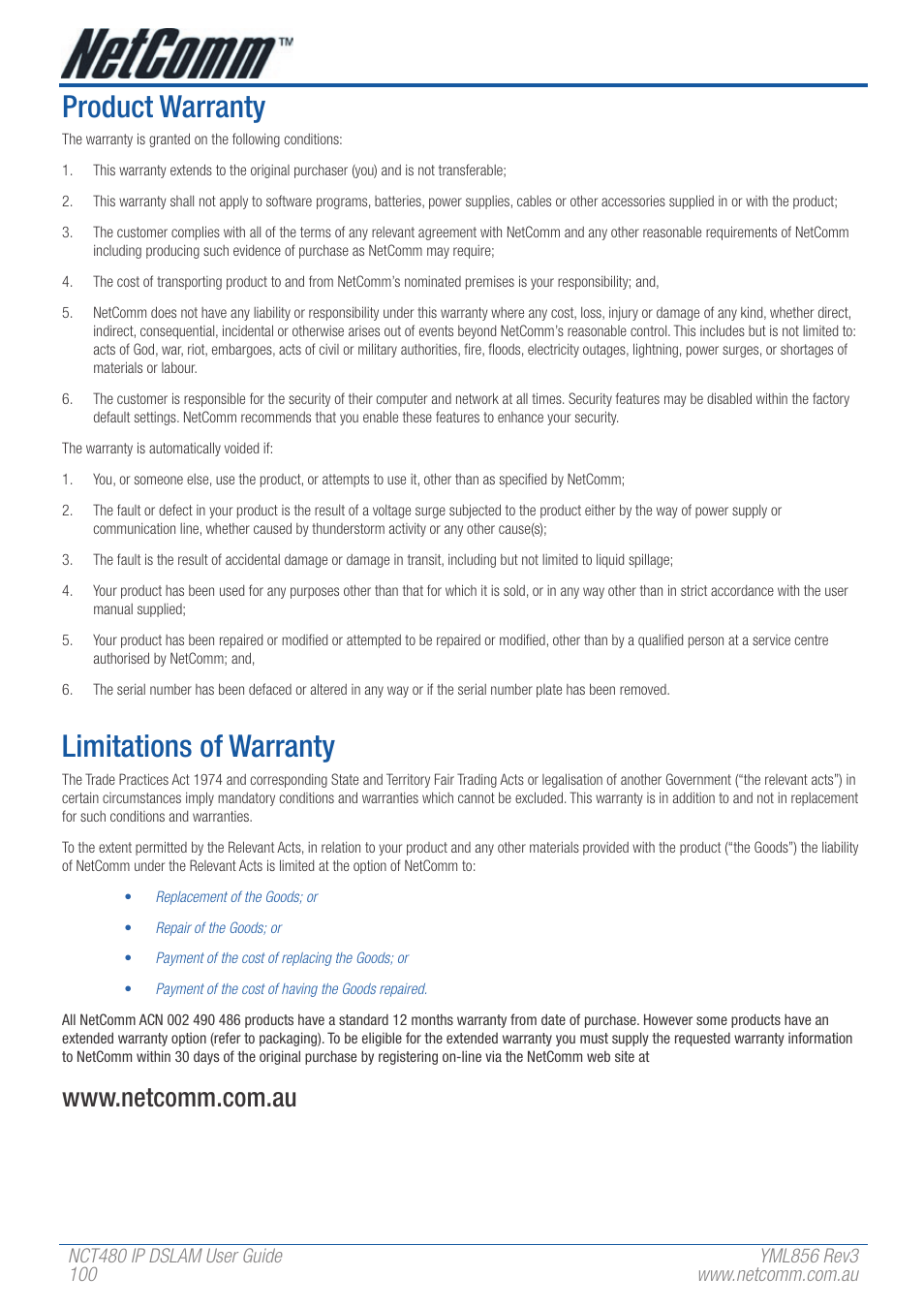 Product warranty, Limitations of warranty | NetComm IP DSLAM NCT480 User Manual | Page 100 / 164