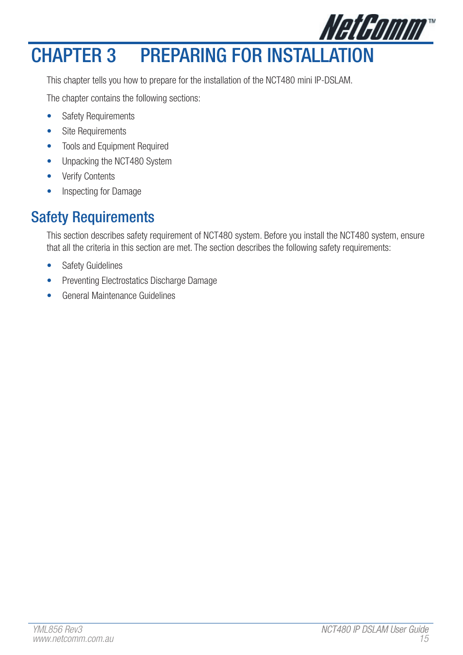 Chapter 3 preparing for installation, Safety requirements | NetComm IP DSLAM NCT480 User Manual | Page 15 / 164