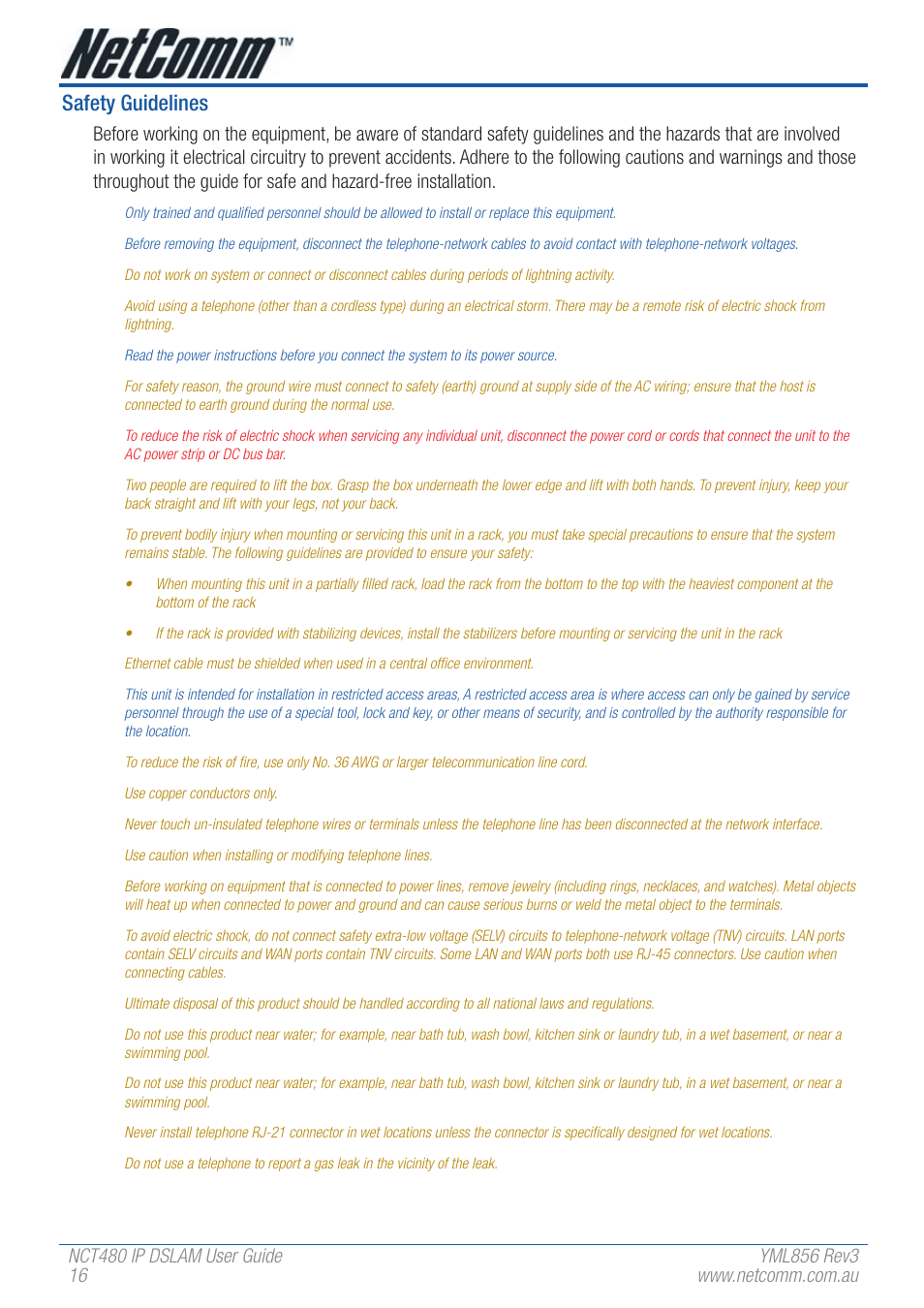 Safety guidelines | NetComm IP DSLAM NCT480 User Manual | Page 16 / 164