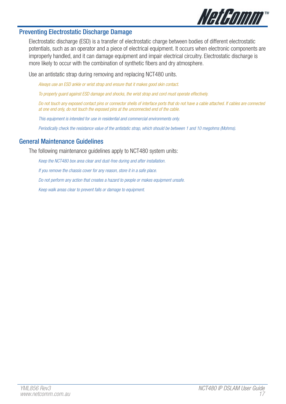 Preventing electrostatic discharge damage, General maintenance guidelines | NetComm IP DSLAM NCT480 User Manual | Page 17 / 164