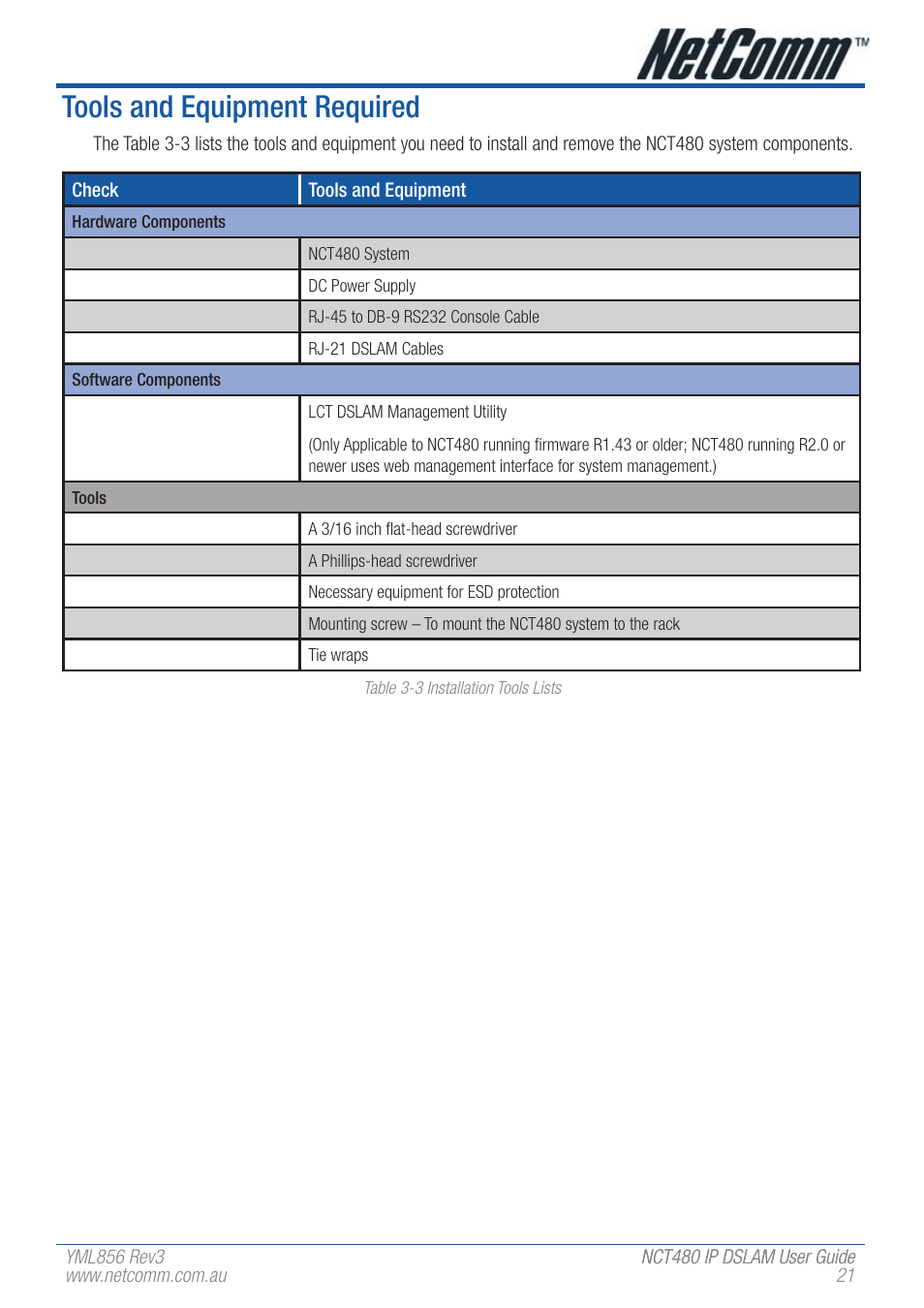 Tools and equipment required | NetComm IP DSLAM NCT480 User Manual | Page 21 / 164