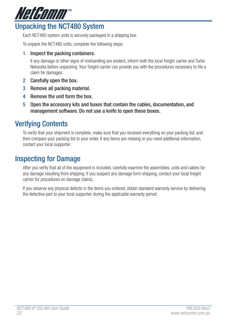 Unpacking the nct480 system, Verifying contents, Inspecting for damage | NetComm IP DSLAM NCT480 User Manual | Page 22 / 164