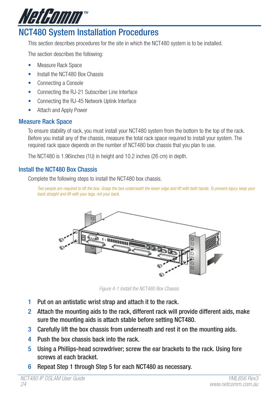 Nct480 system installation procedures | NetComm IP DSLAM NCT480 User Manual | Page 24 / 164