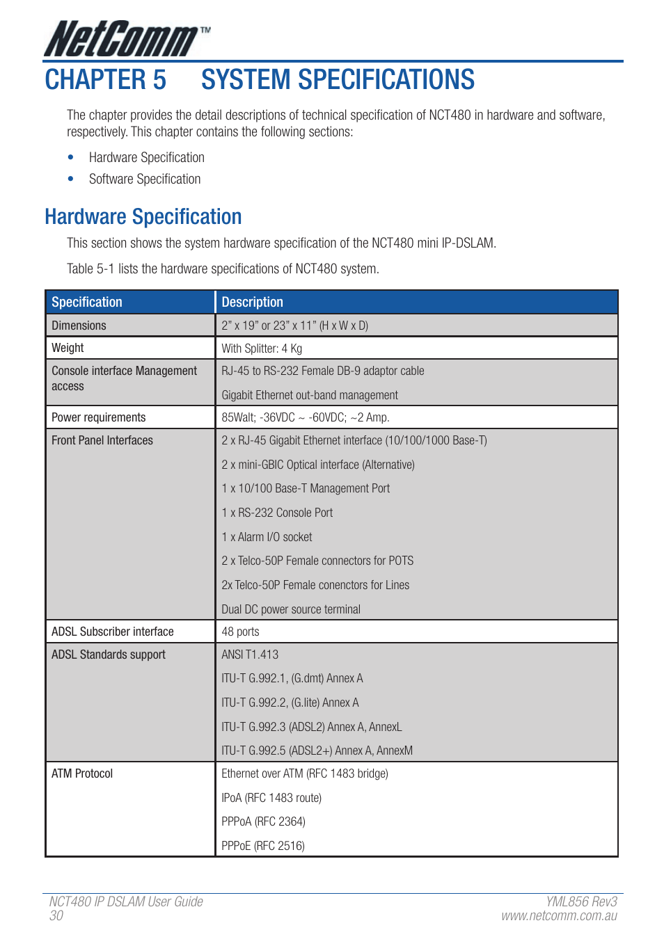 Chapter 5 system specifications, Hardware specification | NetComm IP DSLAM NCT480 User Manual | Page 30 / 164