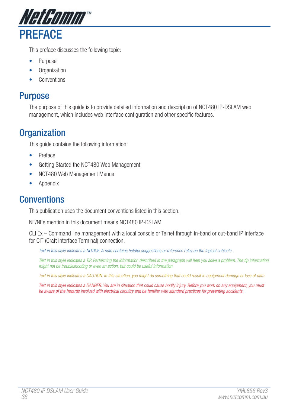 Preface, Purpose, Organization | Conventions | NetComm IP DSLAM NCT480 User Manual | Page 36 / 164