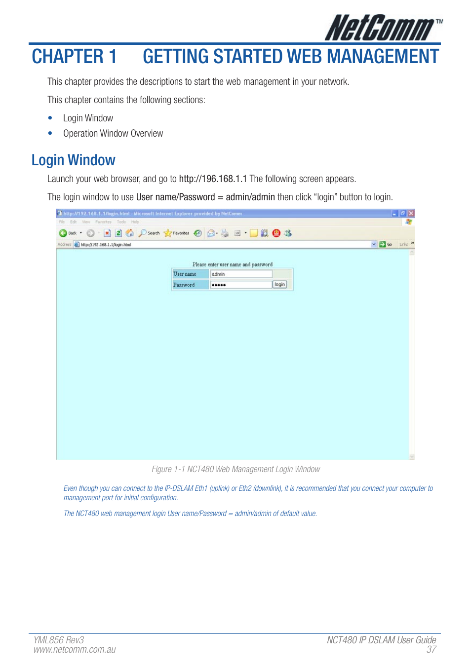 Chapter 1 getting started web management, Login window | NetComm IP DSLAM NCT480 User Manual | Page 37 / 164