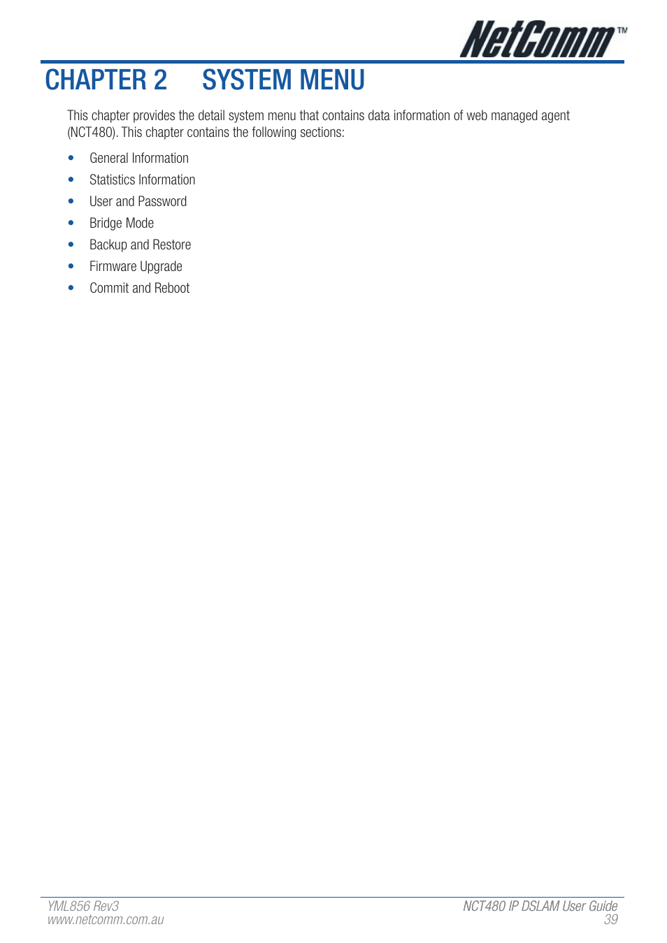 Chapter 2 system menu | NetComm IP DSLAM NCT480 User Manual | Page 39 / 164