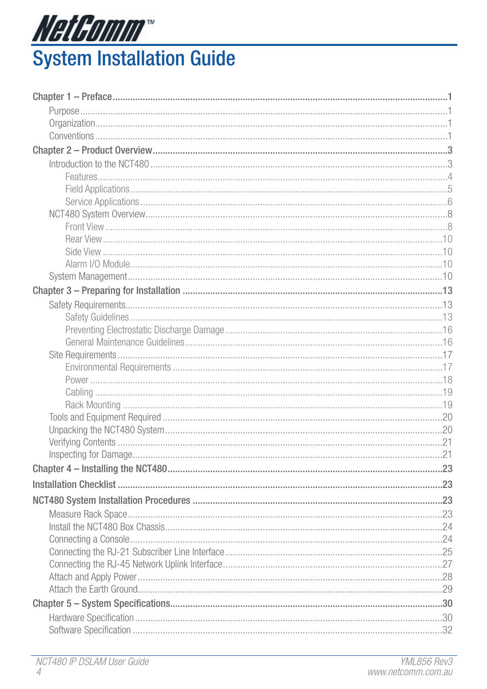 System installation guide | NetComm IP DSLAM NCT480 User Manual | Page 4 / 164