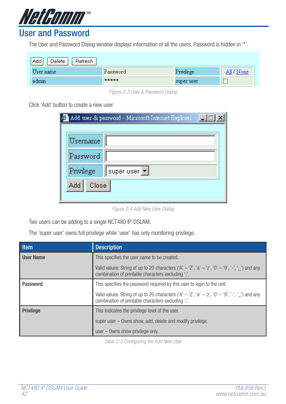 User and password | NetComm IP DSLAM NCT480 User Manual | Page 42 / 164