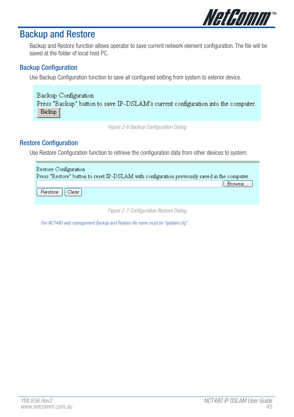 Backup and restore | NetComm IP DSLAM NCT480 User Manual | Page 45 / 164