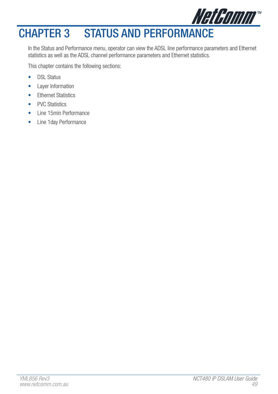 Chapter 3 status and performance | NetComm IP DSLAM NCT480 User Manual | Page 49 / 164