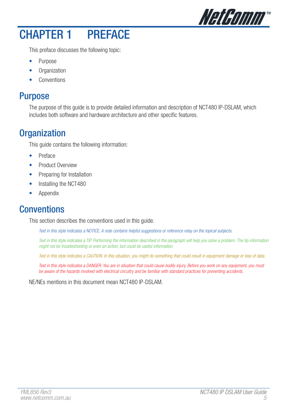 Chapter 1 preface, Purpose, Organization | Conventions | NetComm IP DSLAM NCT480 User Manual | Page 5 / 164