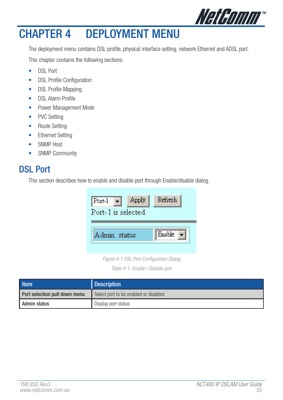 Chapter 4 deployment menu, Dsl port | NetComm IP DSLAM NCT480 User Manual | Page 55 / 164