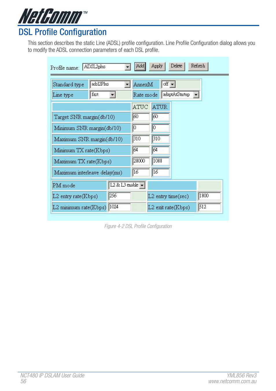 Dsl profile configuration | NetComm IP DSLAM NCT480 User Manual | Page 56 / 164