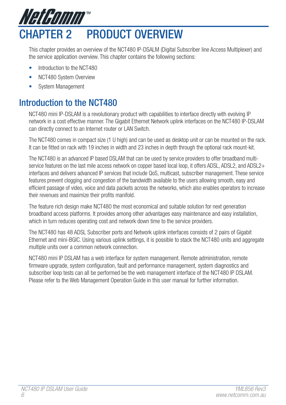 Chapter 2 product overview, Introduction to the nct480 | NetComm IP DSLAM NCT480 User Manual | Page 6 / 164