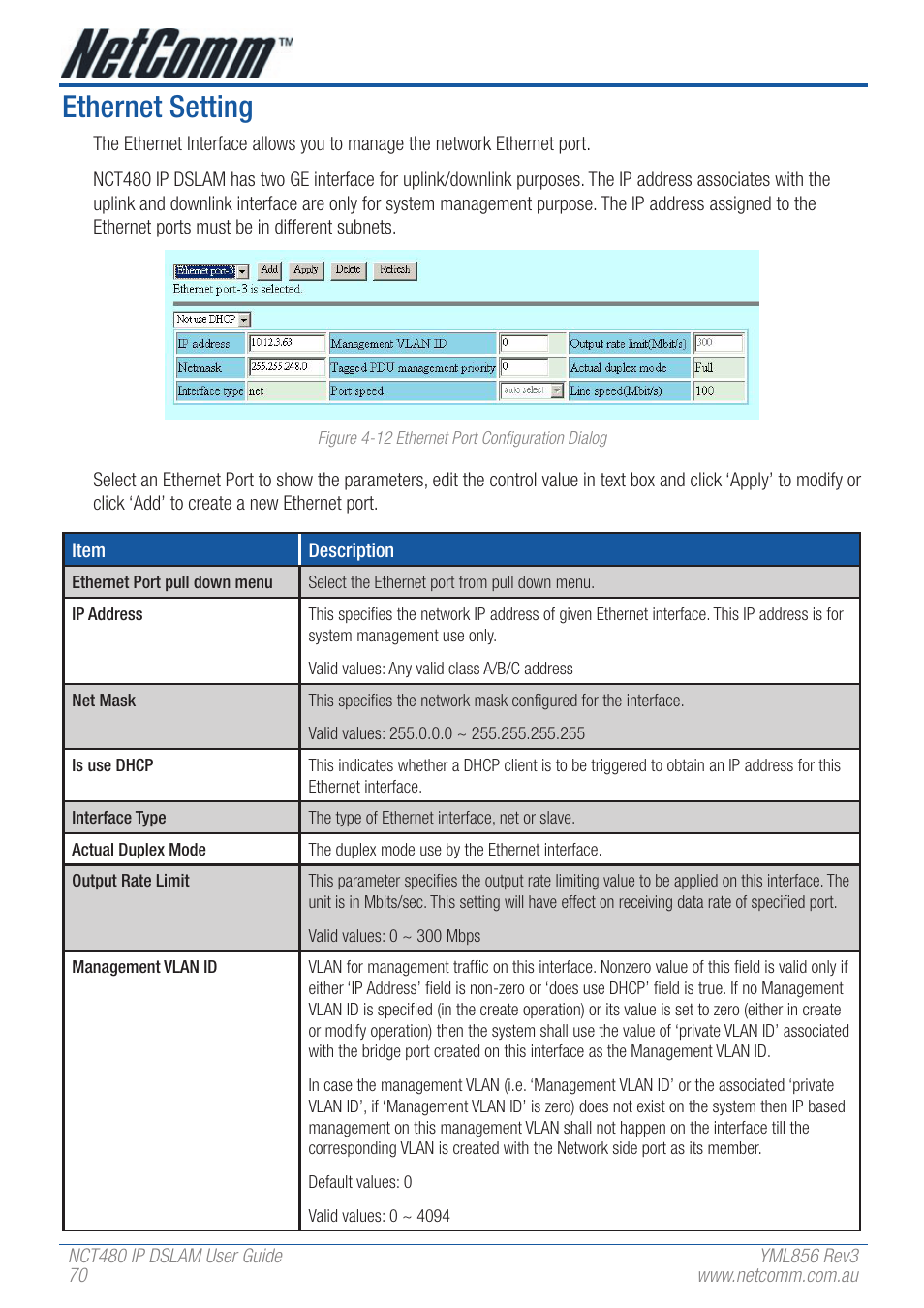 Ethernet setting | NetComm IP DSLAM NCT480 User Manual | Page 70 / 164