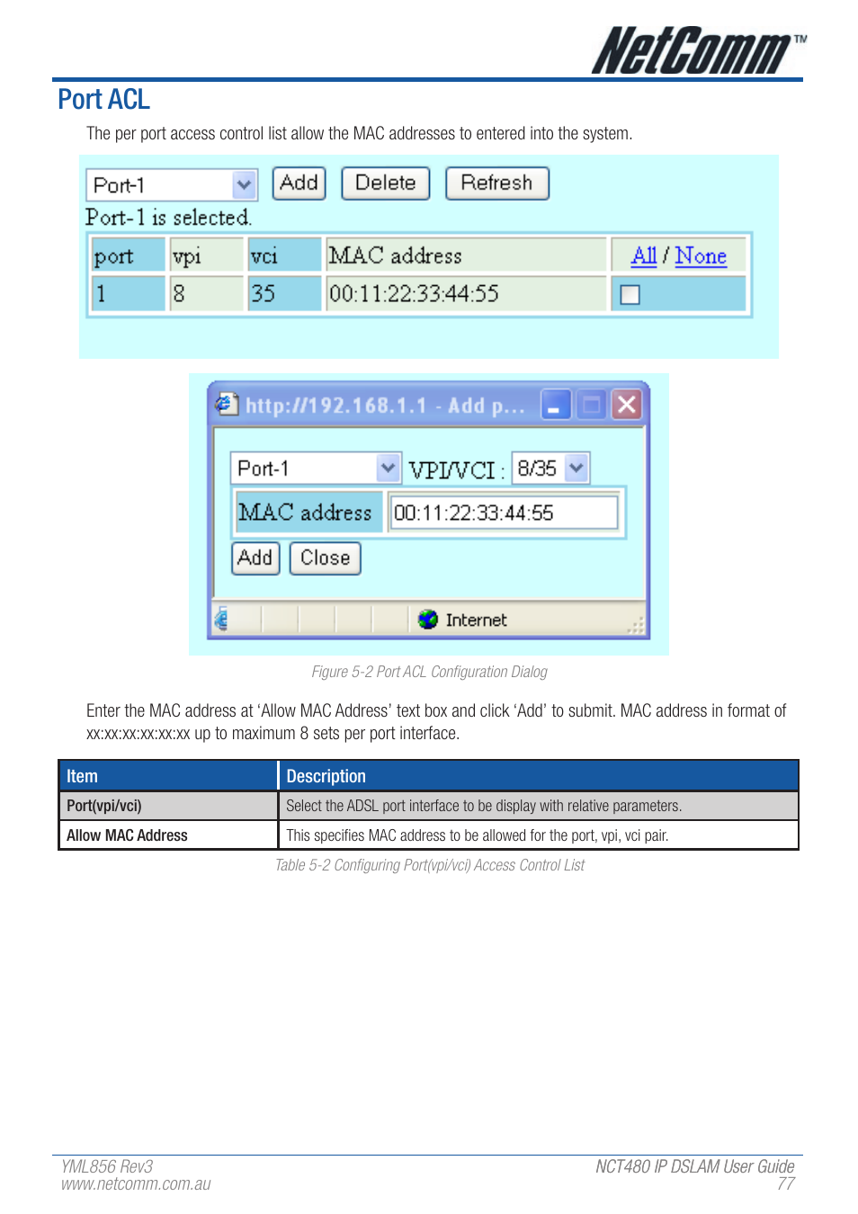 Port acl | NetComm IP DSLAM NCT480 User Manual | Page 77 / 164