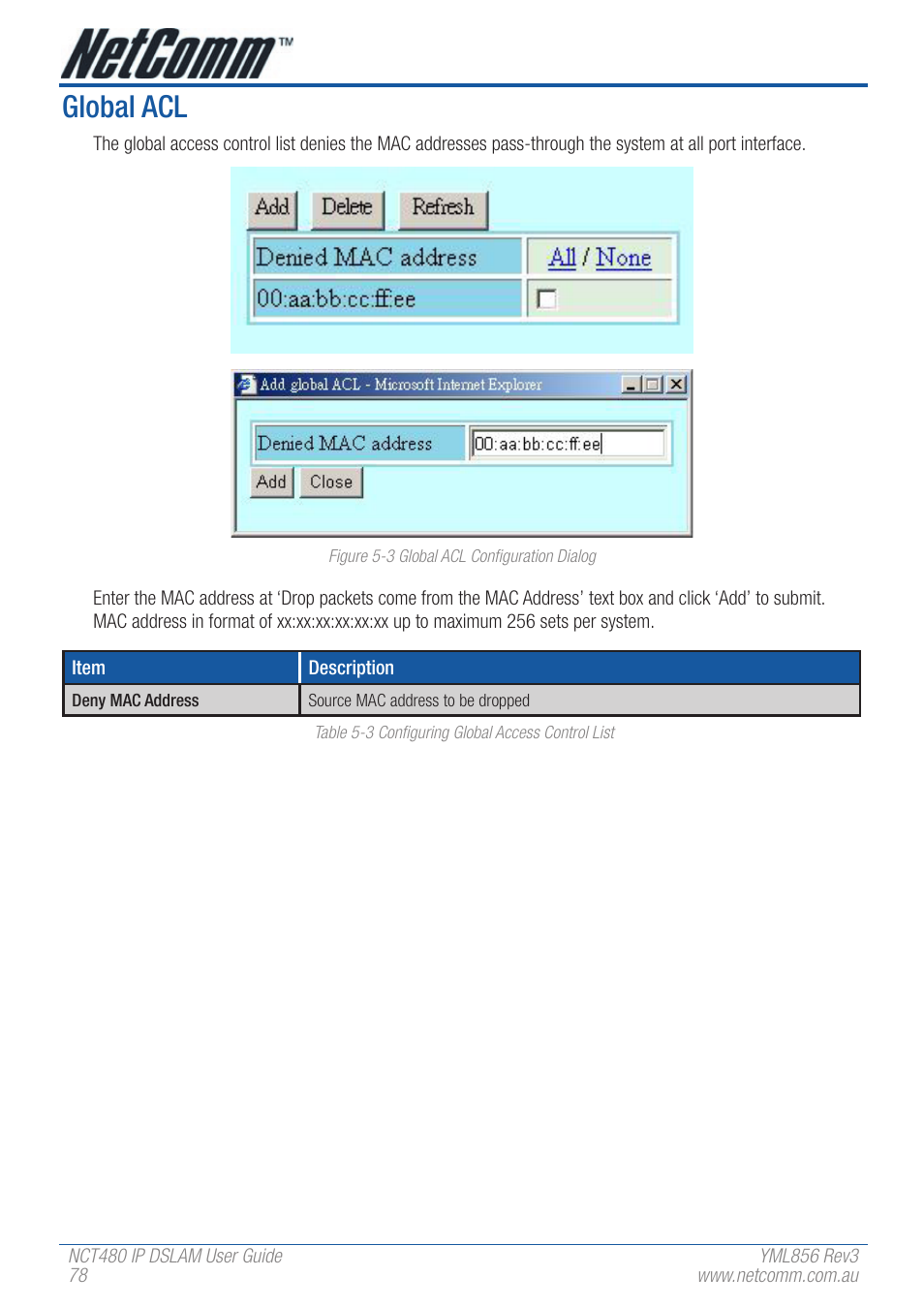 Global acl | NetComm IP DSLAM NCT480 User Manual | Page 78 / 164