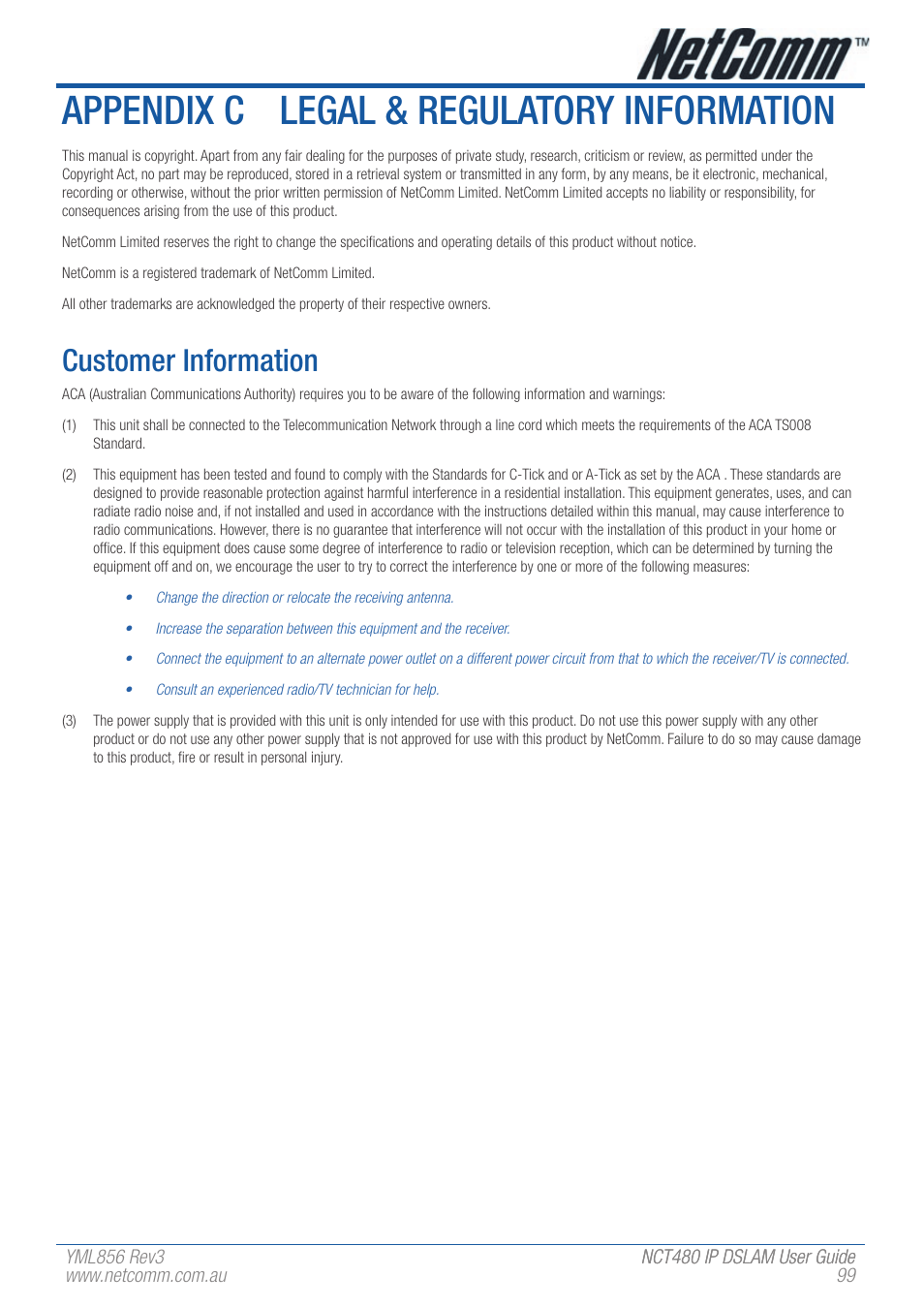 Appendix c legal & regulatory information, Customer information | NetComm IP DSLAM NCT480 User Manual | Page 99 / 164