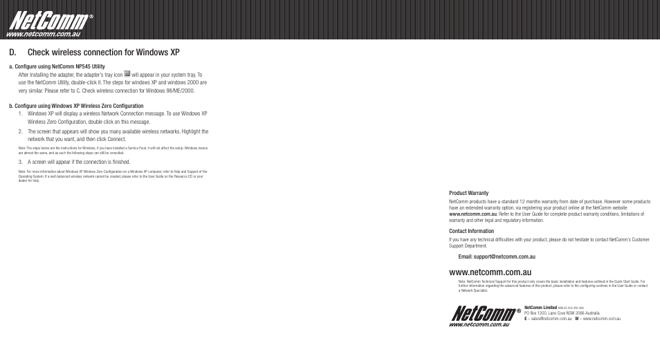 D. check wireless connection for windows xp | NetComm NP545 User Manual | Page 2 / 2