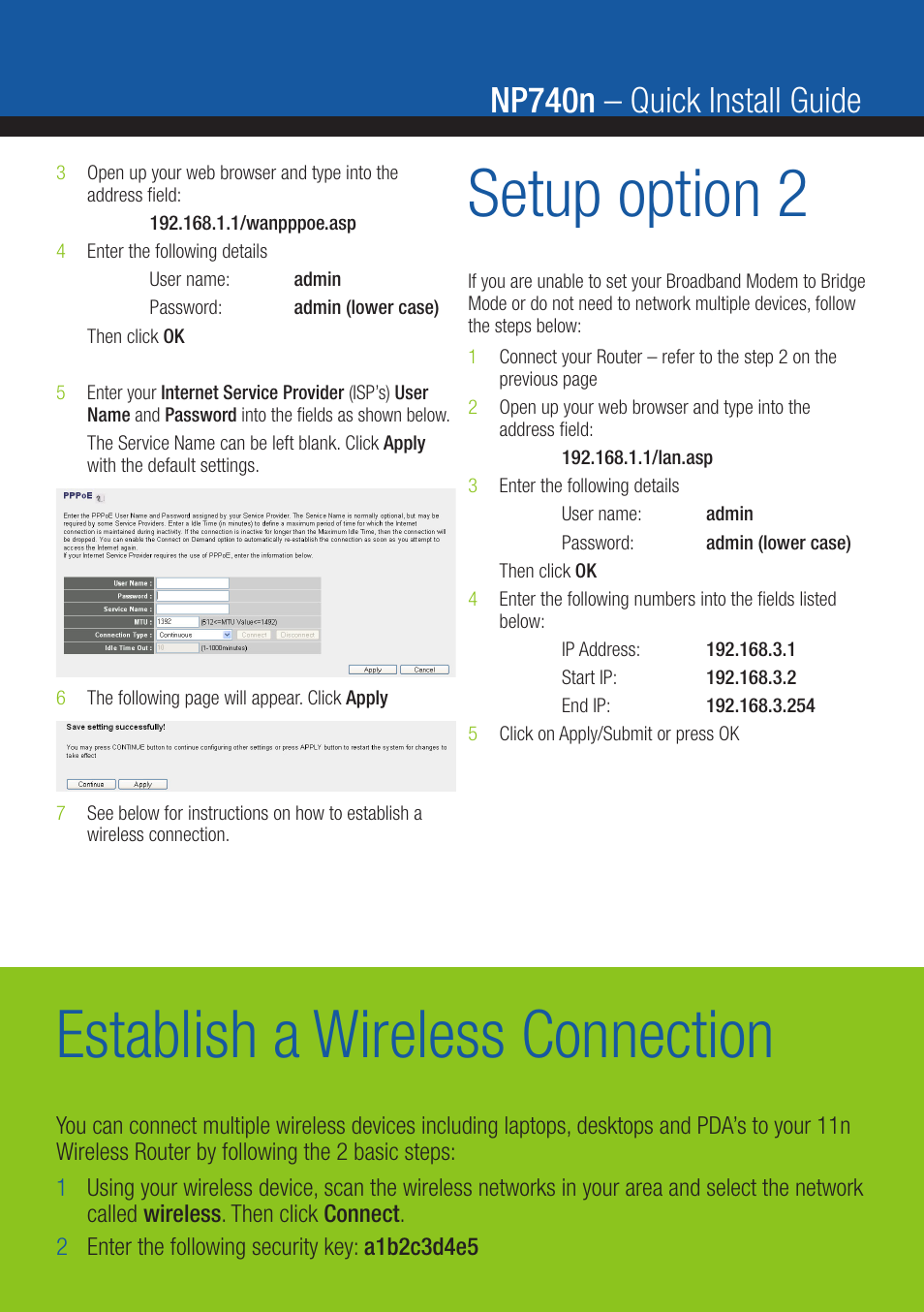 Setup option 2, Establish a wireless connection, Np740n – quick install guide | NetComm NP740n 11n User Manual | Page 2 / 2