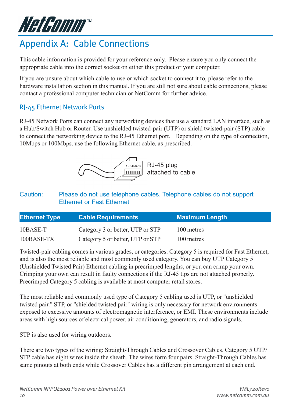 Appendix a: cable connections, Rj-45 ethernet network ports | NetComm Power Over Ethernet NPPOE1001 User Manual | Page 10 / 16