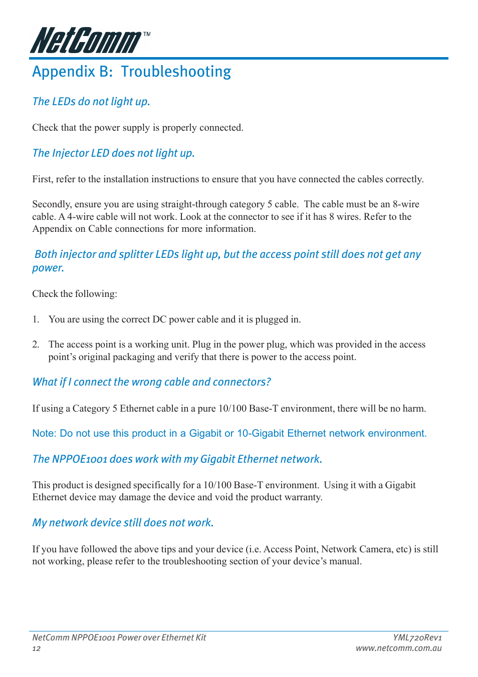 Appendix b: troubleshooting, Appendix c: technical specifications | NetComm Power Over Ethernet NPPOE1001 User Manual | Page 12 / 16