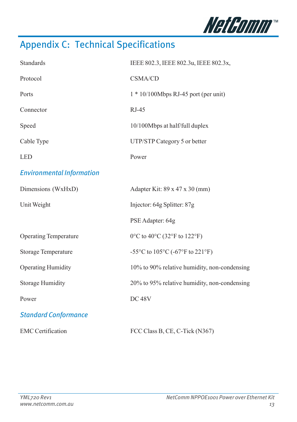 Appendix c: technical specifications, Appendix d: registering your netcomm product | NetComm Power Over Ethernet NPPOE1001 User Manual | Page 13 / 16