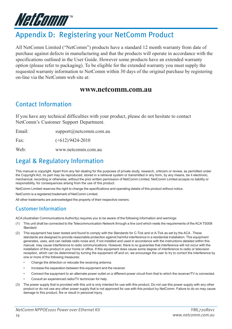 Appendix d: registering your netcomm product, Contact information, Legal & regulatory information | Customer information | NetComm Power Over Ethernet NPPOE1001 User Manual | Page 14 / 16