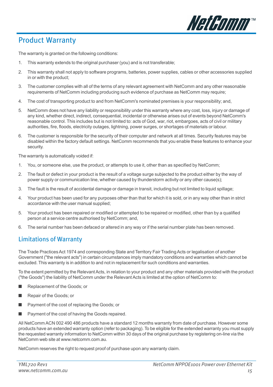 Product warranty, Limitations of warranty | NetComm Power Over Ethernet NPPOE1001 User Manual | Page 15 / 16
