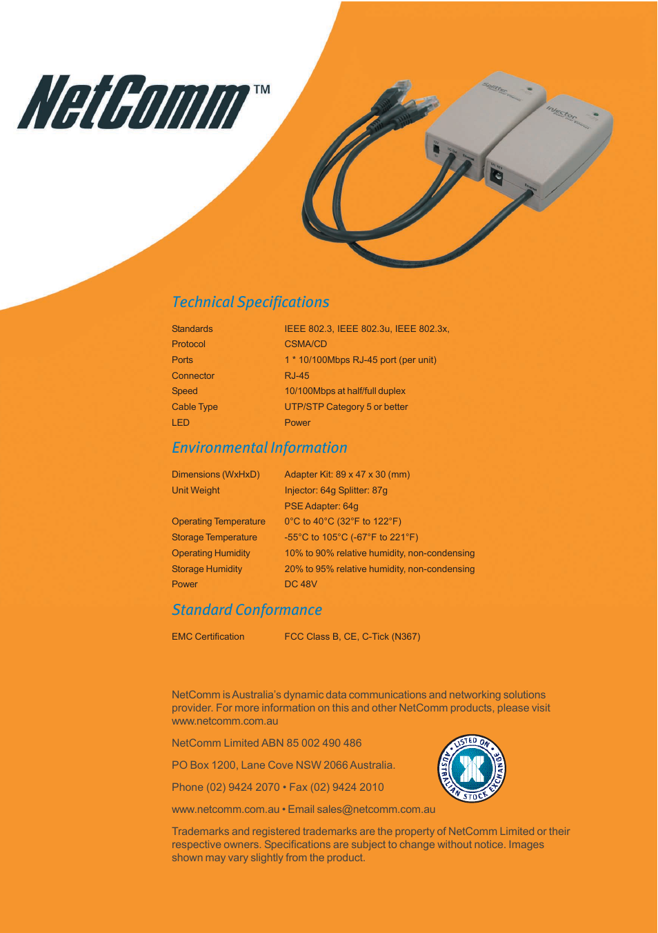 Technical specifications, Environmental information, Standard conformance | NetComm Power Over Ethernet NPPOE1001 User Manual | Page 16 / 16