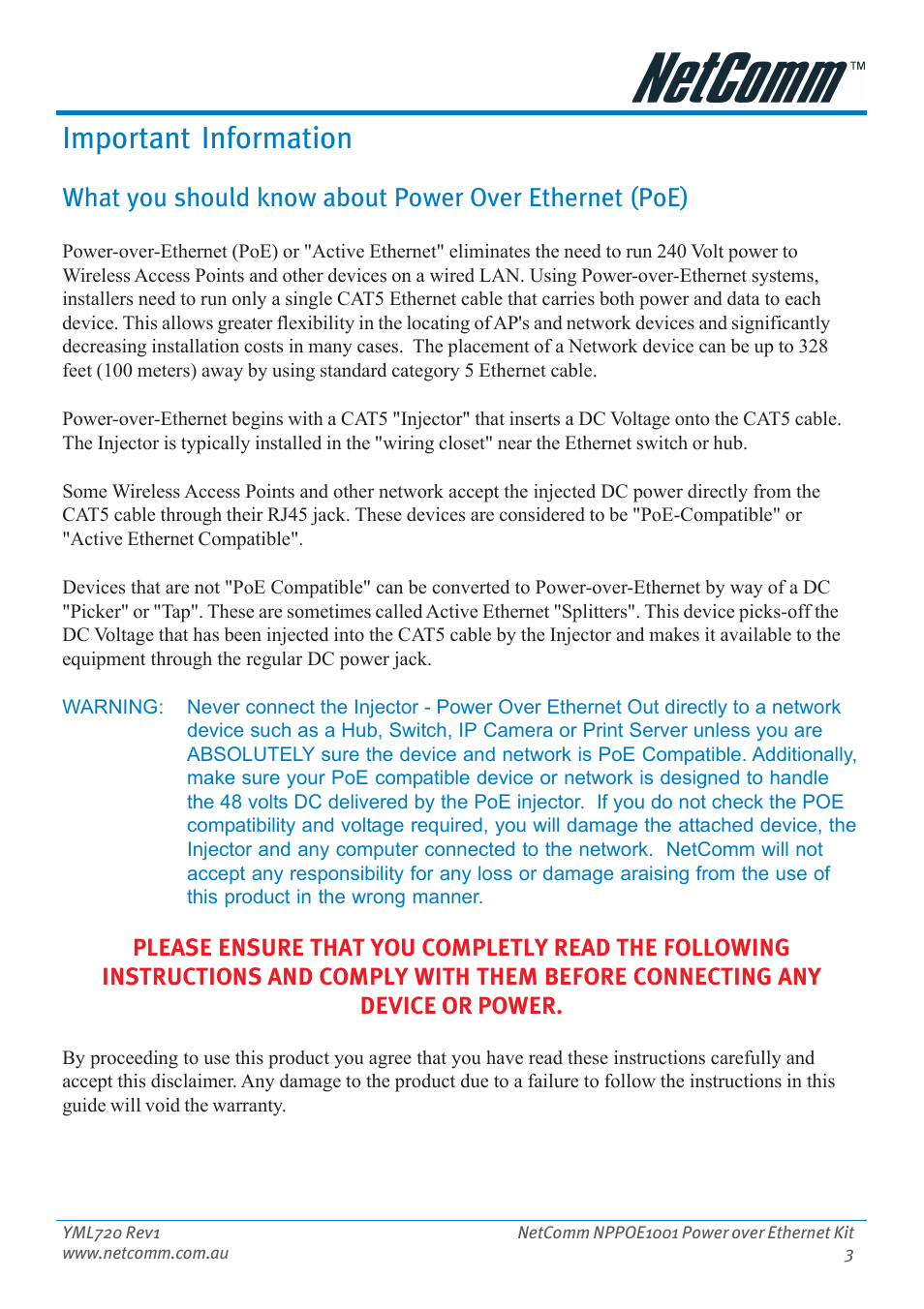 Important information | NetComm Power Over Ethernet NPPOE1001 User Manual | Page 3 / 16
