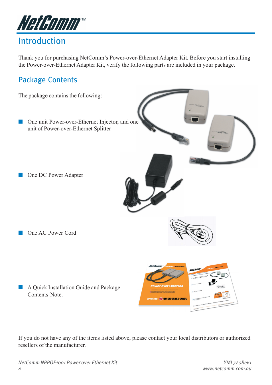 Introduction, Package contents | NetComm Power Over Ethernet NPPOE1001 User Manual | Page 4 / 16