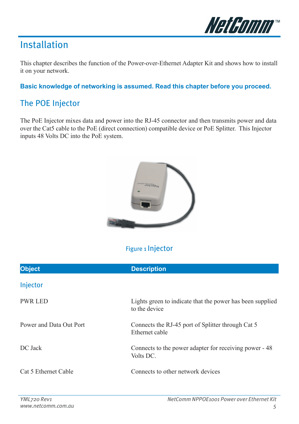 Installation, The poe injector, Injector | The poe splitter | NetComm Power Over Ethernet NPPOE1001 User Manual | Page 5 / 16