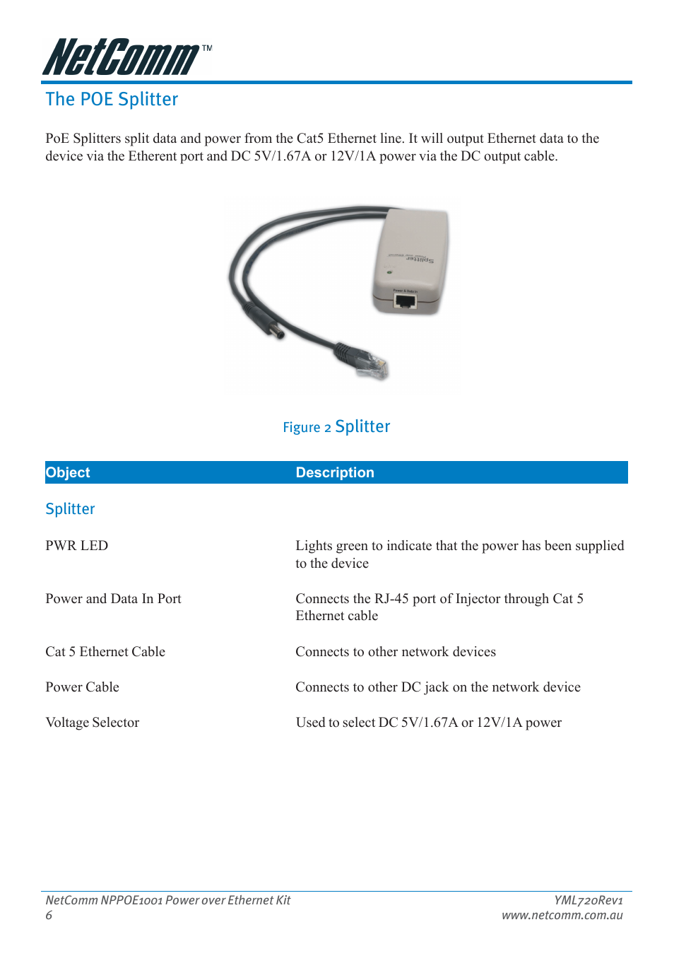 The poe splitter, Splitter, Connecting the power-over-ethernet adapter kit | NetComm Power Over Ethernet NPPOE1001 User Manual | Page 6 / 16