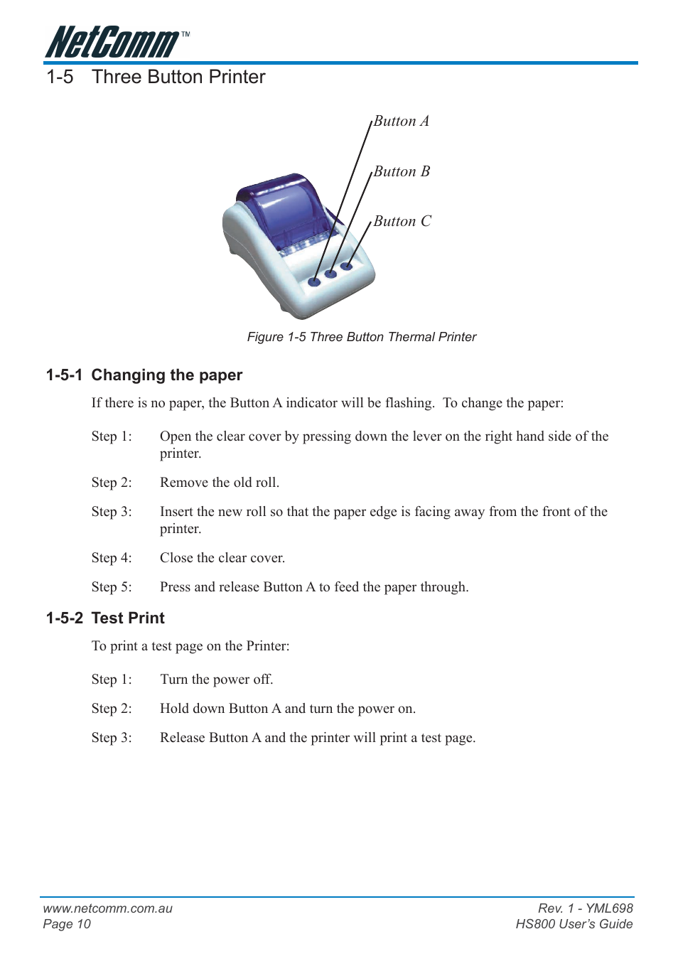 5 three button printer, 5-1 changing the paper, 5-2 test print | NetComm HS800 User Manual | Page 10 / 68