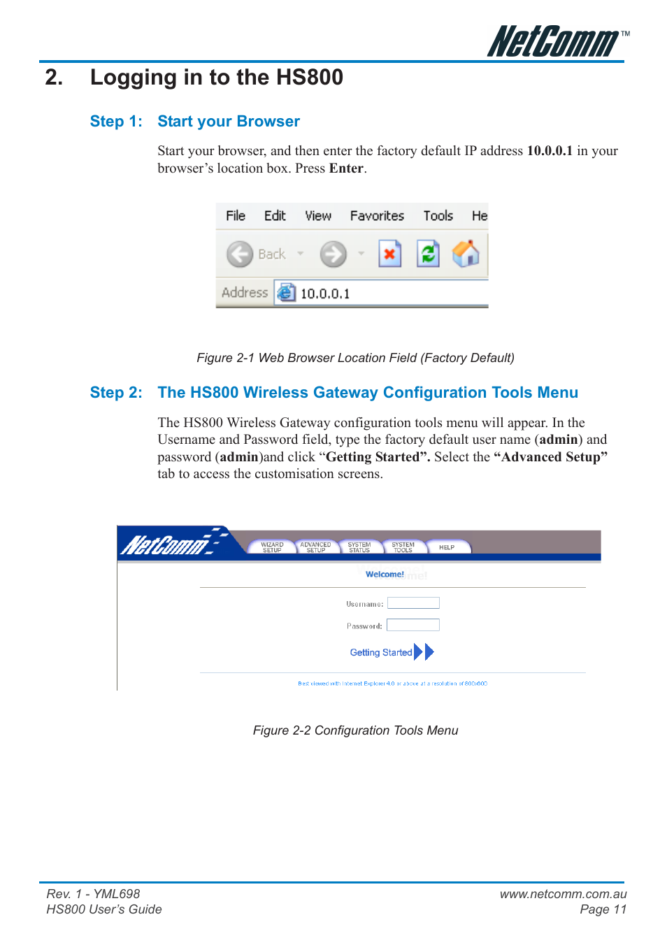 Logging in to the hs800, Customising the hs800 | NetComm HS800 User Manual | Page 11 / 68