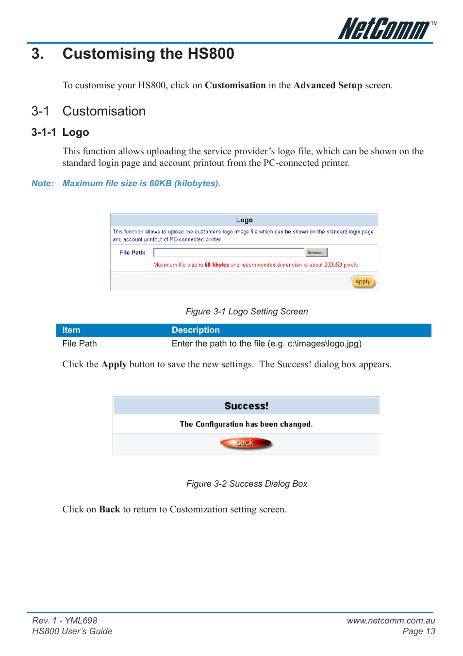 Customising the hs800, 1 customisation, 1-1 logo | NetComm HS800 User Manual | Page 13 / 68